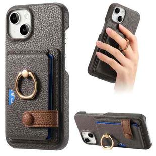 For iPhone 15 Plus Litchi Leather Oil Edge Ring Card Back Phone Case(Grey)