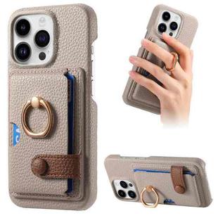 For iPhone 14 Pro Litchi Leather Oil Edge Ring Card Back Phone Case(Khaki)