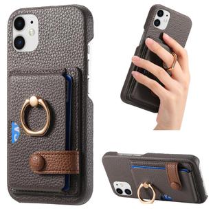 For iPhone 11 Litchi Leather Oil Edge Ring Card Back Phone Case(Grey)