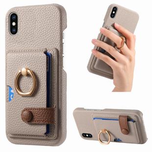 For iPhone X / XS Litchi Leather Oil Edge Ring Card Back Phone Case(Khaki)