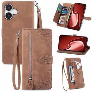 For iPhone 16 Embossed Flower Zipper Leather Phone Case(Brown)