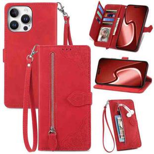 For iPhone 16 Pro Embossed Flower Zipper Leather Phone Case(Red)