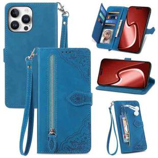 For iPhone 16 Pro Embossed Flower Zipper Leather Phone Case(Blue)