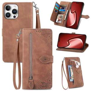 For iPhone 16 Pro Embossed Flower Zipper Leather Phone Case(Brown)