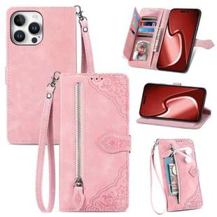 For iPhone 16 Pro Max Embossed Flower Zipper Leather Phone Case(Pink)