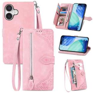 For iPhone 17 Embossed Flower Zipper Leather Phone Case(Pink)