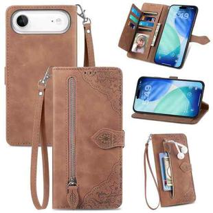 For iPhone Air Embossed Flower Zipper Leather Phone Case(Brown)