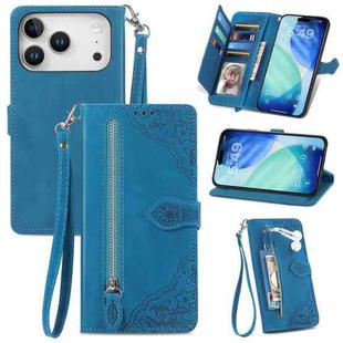 For iPhone 17 Pro Embossed Flower Zipper Leather Phone Case(Blue)
