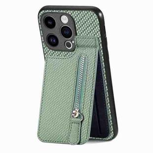 For iPhone 15 Pro Carbon Fiber Vertical Flip Zipper Phone Case(Green)