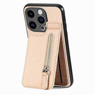 For iPhone 15 Pro Carbon Fiber Vertical Flip Zipper Phone Case(Khaki)