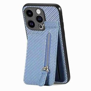 For iPhone 15 Pro Max Carbon Fiber Vertical Flip Zipper Phone Case(Blue)