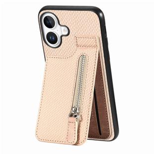 For iPhone 16 Carbon Fiber Vertical Flip Zipper Phone Case(Khaki)