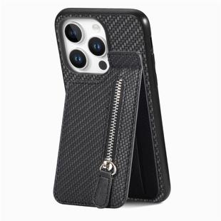 For iPhone 16 Pro Carbon Fiber Vertical Flip Zipper Phone Case(Black)