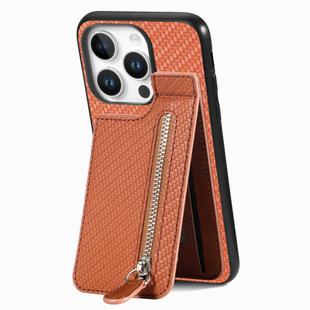 For iPhone 16 Pro Carbon Fiber Vertical Flip Zipper Phone Case(Brown)