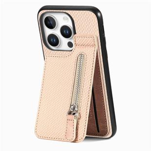 For  iPhone 16 Pro Max Carbon Fiber Vertical Flip Zipper Phone Case(Khaki)