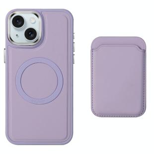 For iPhone 15 Imitation Liquid Skin Feel Plating Magsafe Card Bag Phone Case(Purple)