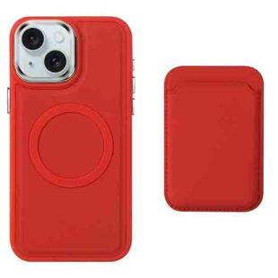 For iPhone 15 Plus Imitation Liquid Skin Feel Plating Magsafe Card Bag Phone Case(Red)