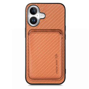 For iPhone 16 Plus Carbon Fiber Leather Card Magsafe Phone Case(Brown)