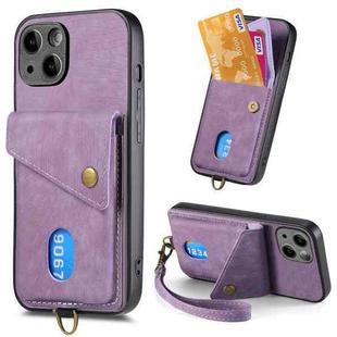 For iPhone 15 Retro Card Wallet Fold Leather Phone Case with Strap(Purple)