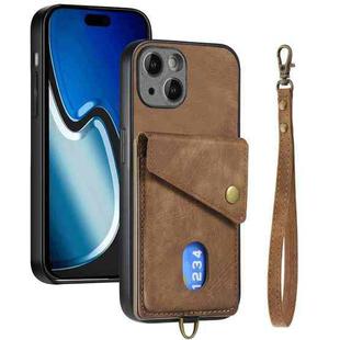 For iPhone 15 Plus Retro Card Wallet Fold Leather Phone Case with Strap(Brown)