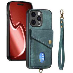 For iPhone 15 Pro Retro Card Wallet Fold Leather Phone Case with Strap(Green)