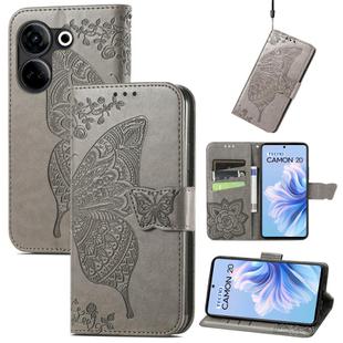 For Tecno Camon 20 Butterfly Love Flower Embossed Leather Phone Case(Gray)