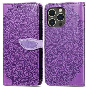 For iPhone 15 Pro Max Blooming Mandala Embossed Wings Buckle Leather Phone Case(purple)