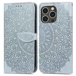 For iPhone 15 Pro Max Blooming Mandala Embossed Wings Buckle Leather Phone Case(Grey)