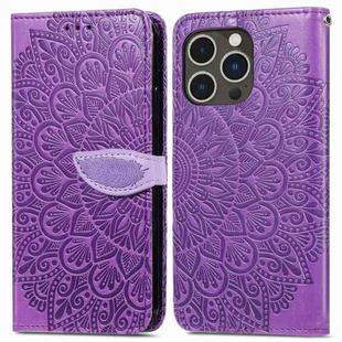 For iPhone 15 Pro Blooming Mandala Embossed Wings Buckle Leather Phone Case(purple)