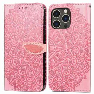 For iPhone 15 Pro Blooming Mandala Embossed Wings Buckle Leather Phone Case(Pink)