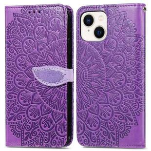 For iPhone 15 Blooming Mandala Embossed Wings Buckle Leather Phone Case(purple)