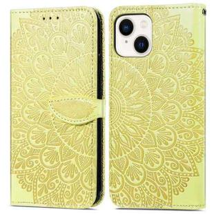 For iPhone 15 Blooming Mandala Embossed Wings Buckle Leather Phone Case(Yellow)