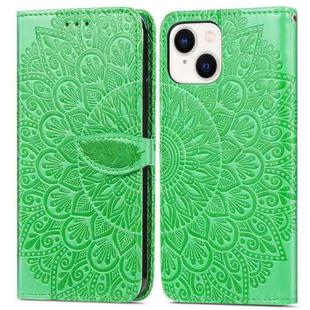 For iPhone 15 Blooming Mandala Embossed Wings Buckle Leather Phone Case(Green)