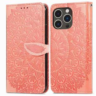 For iPhone 14 Pro Max Blooming Mandala Embossed Wings Buckle Leather Phone Case(Orange)