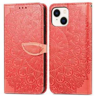 For iPhone 14 Plus Blooming Mandala Embossed Wings Buckle Leather Phone Case(Red)