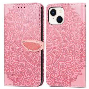 For iPhone 14 Plus Blooming Mandala Embossed Wings Buckle Leather Phone Case(Pink)