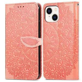 For iPhone 14 Plus Blooming Mandala Embossed Wings Buckle Leather Phone Case(Orange)
