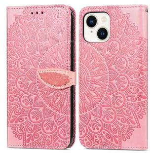 For iPhone 14 Blooming Mandala Embossed Wings Buckle Leather Phone Case(Pink)