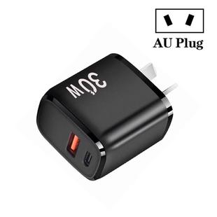 PD30W USB-C / Type-C + QC3.0 USB Dual Port Charger for iPhone 15 / iPad Series, AU Plug(Black)