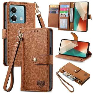 For Xiaomi Redmi Note 13 5G Love Zipper Lanyard Leather Phone Case(Brown)