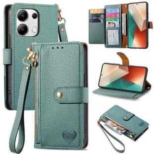 For Xiaomi Redmi Note 13 4G Love Zipper Lanyard Leather Phone Case(Green)