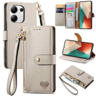 For Xiaomi Redmi Note 13 4G Love Zipper Lanyard Leather Phone Case(Gray)