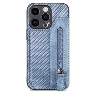 For iPhone 15 Carbon Fiber Horizontal Flip Zipper Wallet Phone Case(Blue)
