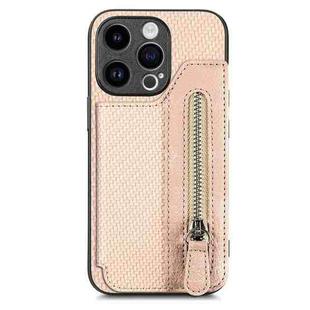 For iPhone 15 Carbon Fiber Horizontal Flip Zipper Wallet Phone Case(Khaki)