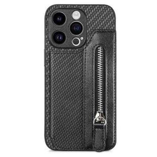 For iPhone 15 Pro Carbon Fiber Horizontal Flip Zipper Wallet Phone Case(Black)