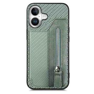 For iPhone 16 Carbon Fiber Horizontal Flip Zipper Wallet Phone Case(Green)