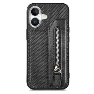 For iPhone 16 Plus Carbon Fiber Horizontal Flip Zipper Wallet Phone Case(Black)