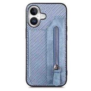 For iPhone 16 Plus Carbon Fiber Horizontal Flip Zipper Wallet Phone Case(Blue)