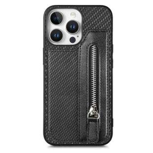 For iPhone 16 Pro Carbon Fiber Horizontal Flip Zipper Wallet Phone Case(Black)