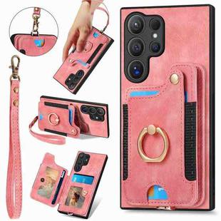 For Samsung Galaxy S24 Ultra 5G Retro Skin-feel Ring Multi-card Wallet Phone Case(Pink)